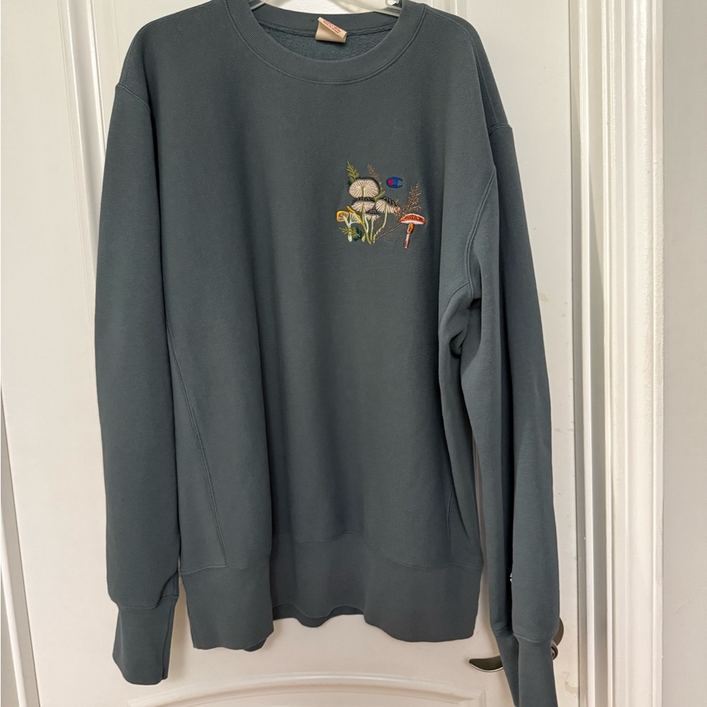 Champion x Percival Men's Blue/Gray Crewneck Sweater with Embroidered Mushrooms